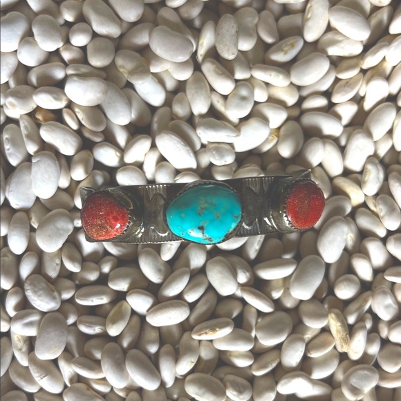 native American Turquoise and Red Stone sterling Silver vintage cuff  Bracelet - Picture 7 of 12